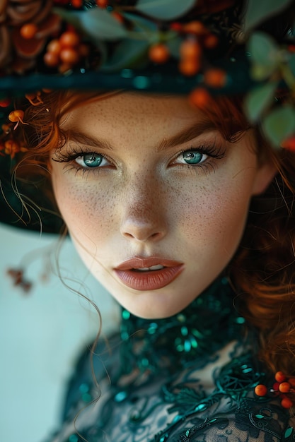 a woman with freckles and a flower in her hair