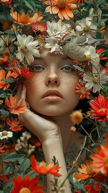 a woman with freckles and a flower on her head