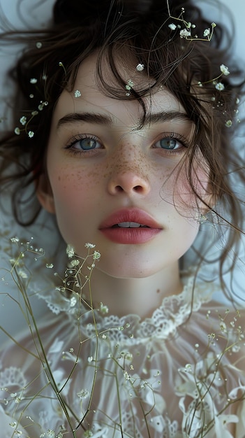 a woman with freckles and a freckles on her face is covered in flowers