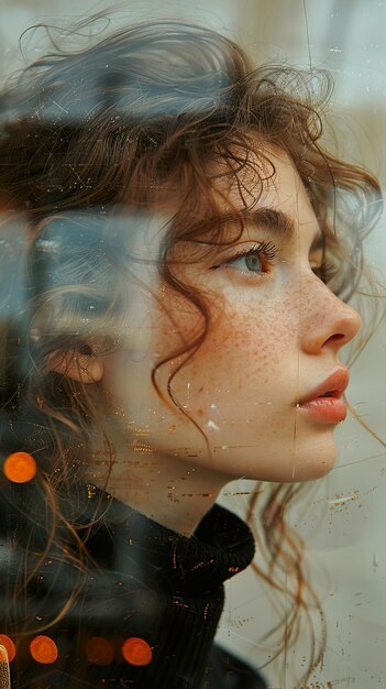 Photo a woman with freckles and freckles is looking out a window