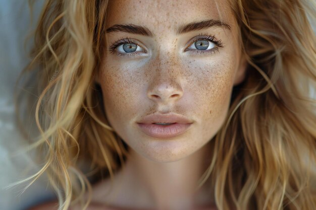 a woman with freckles and freckles is posing with a freckles on her face