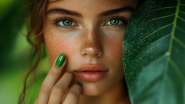 a woman with freckles and freckles is posing with a green leaf