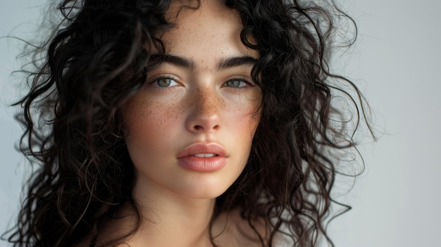 a woman with freckles and freckles is posing with a white background