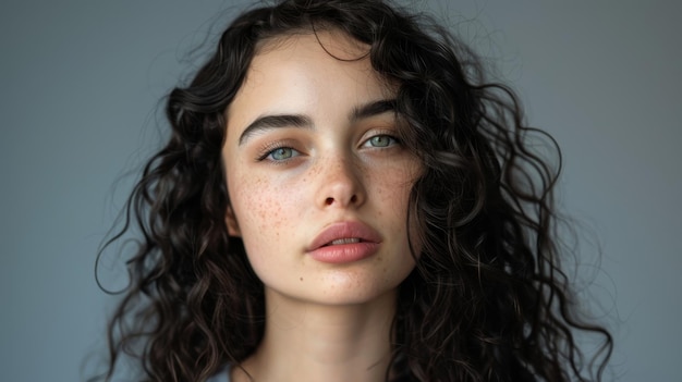 a woman with freckles and freckles is posing with a white background