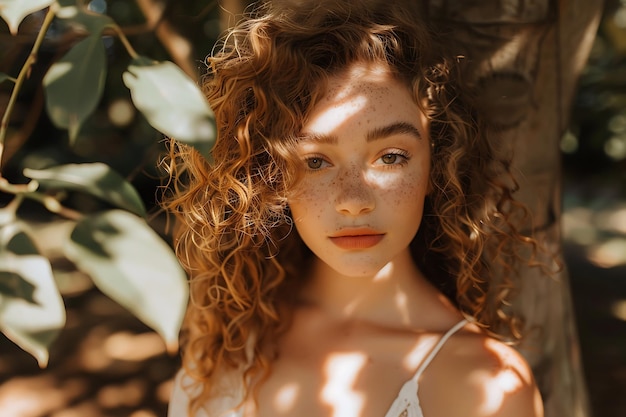 a woman with freckles and freckles is standing in front of a tree