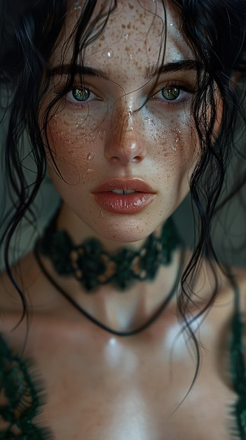 a woman with freckles and freckles is standing in front of a wall with a freckled freckles on her face