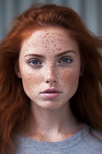 A woman with freckles and freckles looks at the camera.