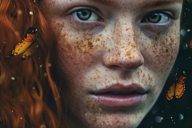 A woman with freckles and freckles looks into the camera.