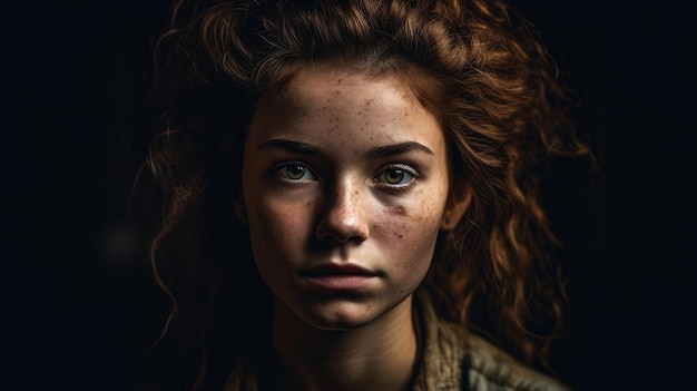 A woman with freckles and freckles looks into the camera.