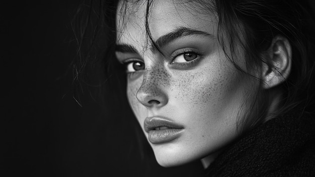 Photo a woman with freckles on her face and a black background