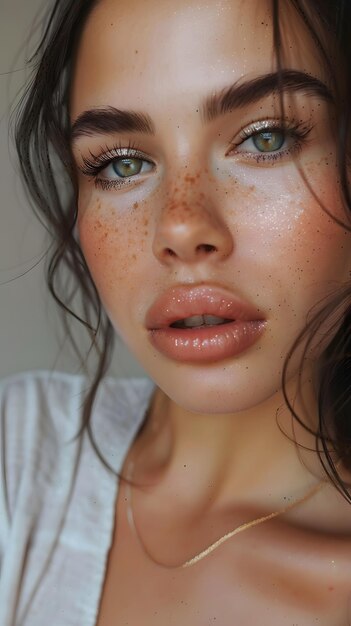 Photo a woman with freckles on her face in a close up shot