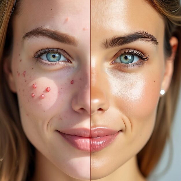 Photo woman with a freckles on her face and comparison face before and after