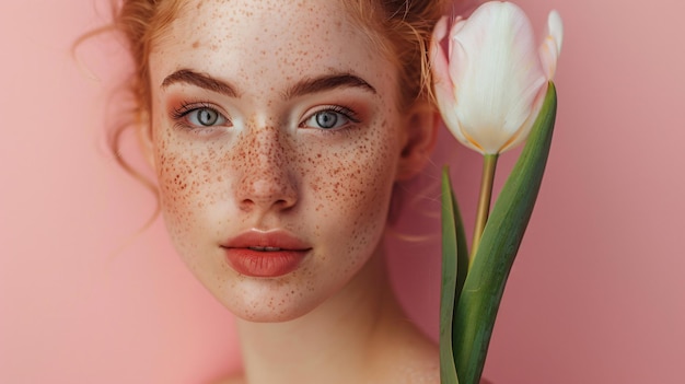 a woman with freckles on her face and a flower in the foreground