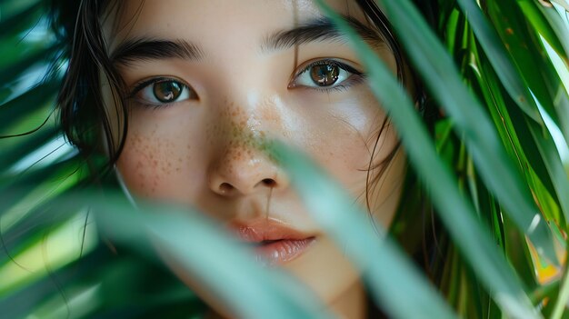 a woman with freckles on her face and the grass is green