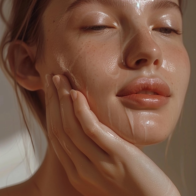 a woman with a freckles on her face is covered in water