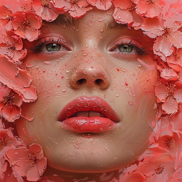 a woman with a freckles on her face is covered in water