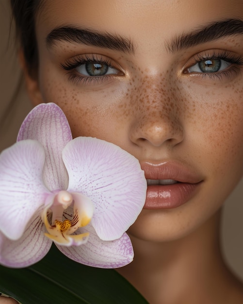 a woman with freckles on her face is holding a flower