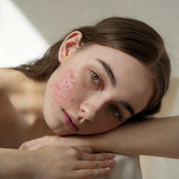 Photo a woman with freckles on her face is laying on a bed