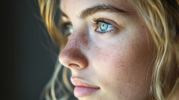 a woman with freckles on her face is looking at the camera