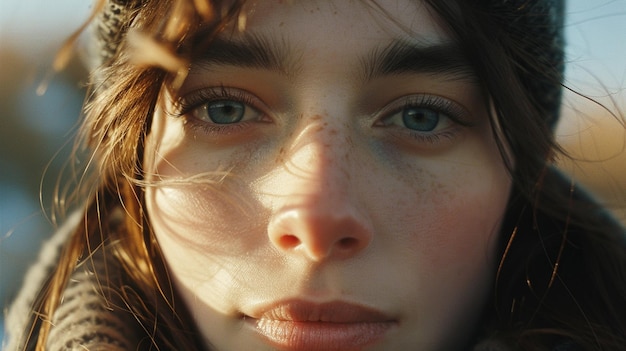 a woman with a freckles on her face is looking up