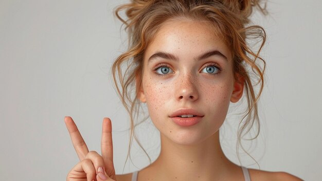 Photo a woman with freckles on her face is making a gesture with her right hand