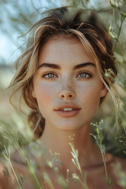 Photo a woman with freckles on her face is posing in a field of tall grass