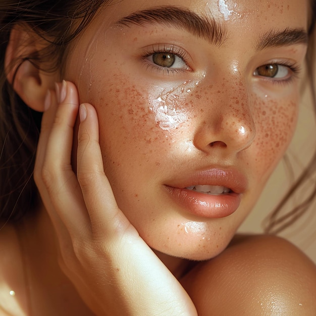 a woman with freckles on her face is posing for a photo