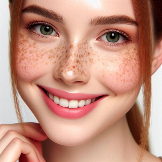 a woman with freckles on her face is posing for a photo