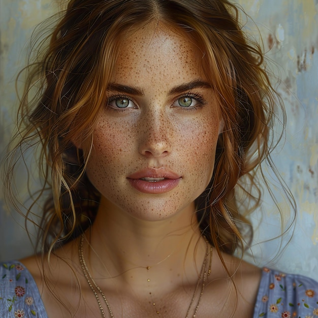 a woman with freckles on her face is posing for a photo