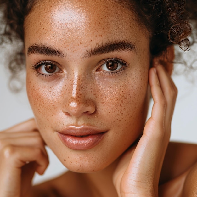 a woman with freckles on her face is posing for a photo