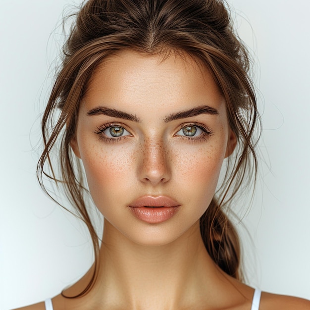 a woman with freckles on her face is posing for a photo