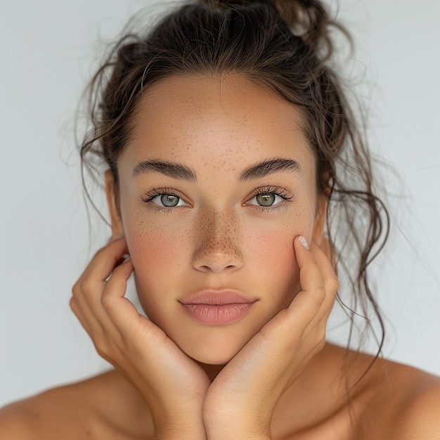 a woman with a freckles on her face is posing with a white background