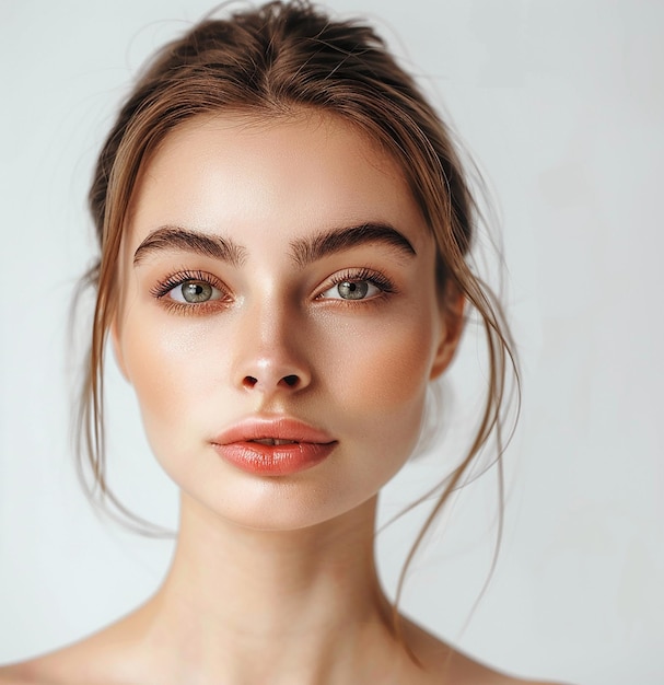 a woman with a freckles on her face is posing with a white background