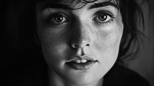 Photo a woman with freckles on her face is shown with a black background