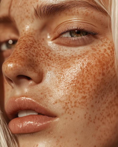 a woman with freckles on her face is shown