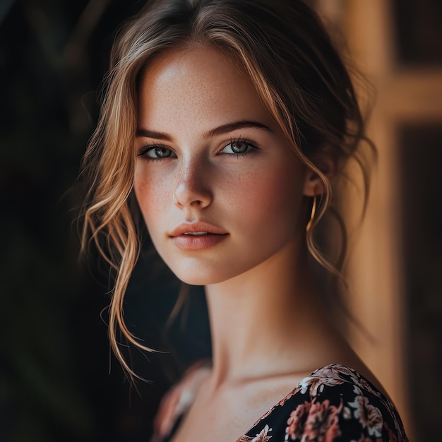 Photo a woman with a freckles on her face is standing in front of a window