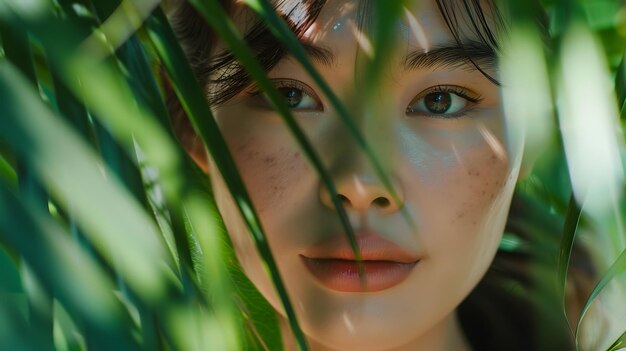 a woman with a freckles on her face is standing in the grass