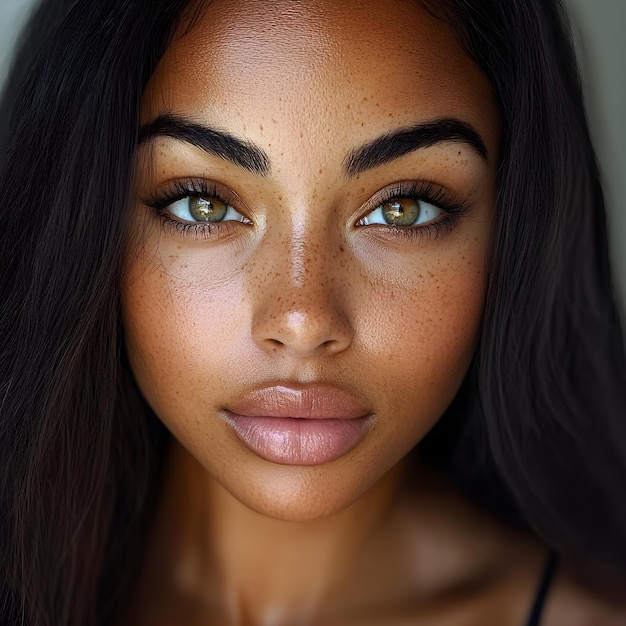 Photo a woman with freckles on her face is wearing a black top