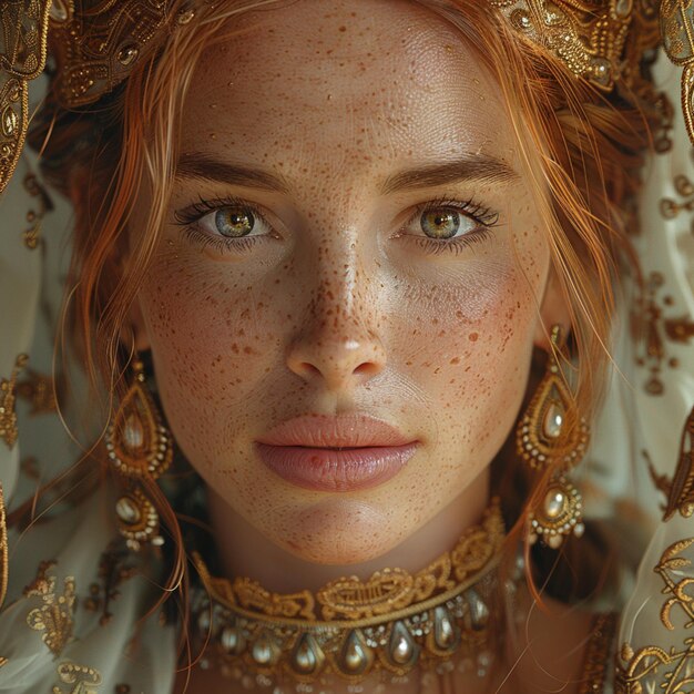 a woman with freckles on her face is wearing a white and gold headdress