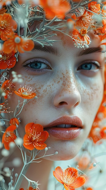 a woman with a freckles on her face and the sun behind her face