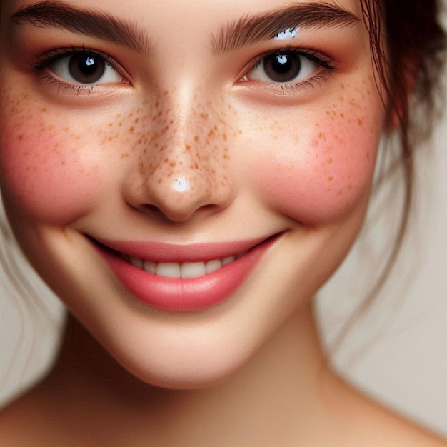 a woman with freckles on her face and the sun is showing her face