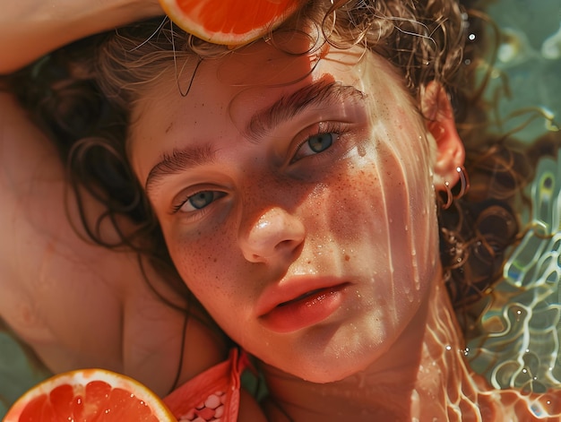 Photo a woman with freckles on her face and a sun shade of her face