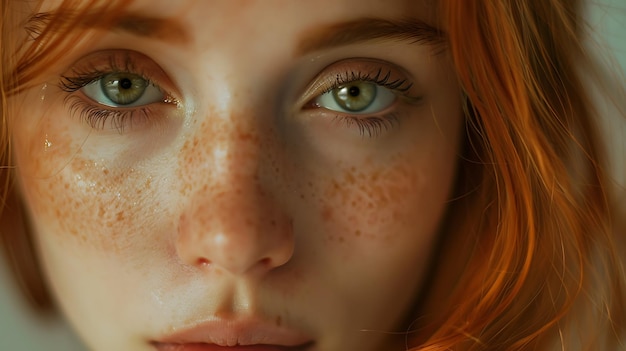 a woman with freckles on her face and the sun shining on her eyes