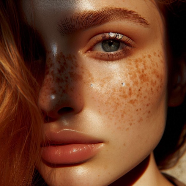 a woman with freckles on her face and the sun shining on her face