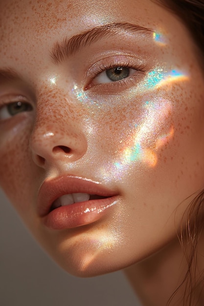 Photo a woman with freckles on her face and the sun shining on her face