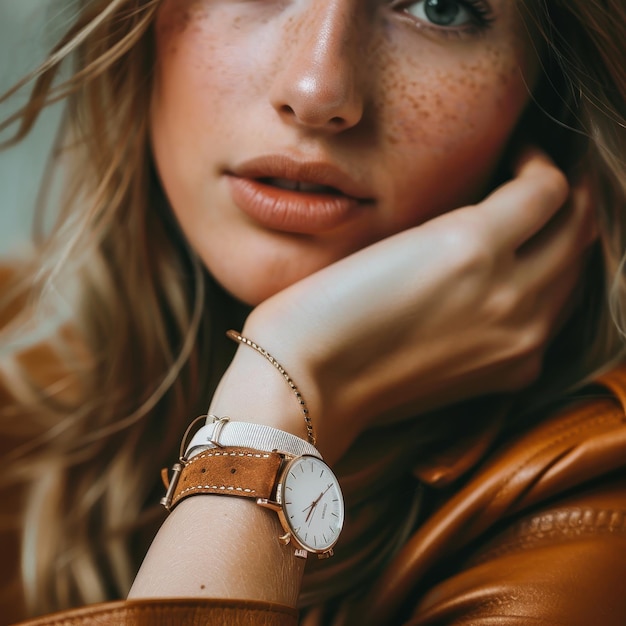 Photo a woman with freckles on her face and a watch on her left hand