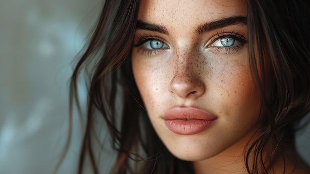 a woman with freckles on her face