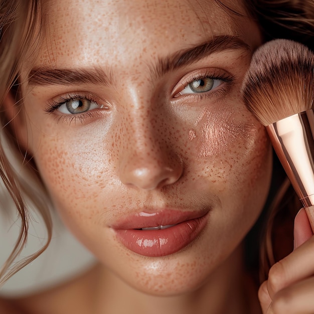 a woman with freckles is holding a brush in her right hand