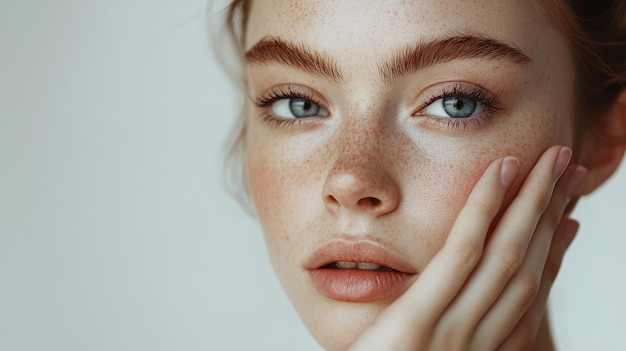 Photo a woman with freckles is posing with her hand on her face