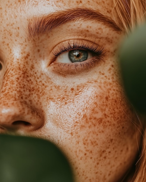 a woman with freckles and light eyes looking at the camera